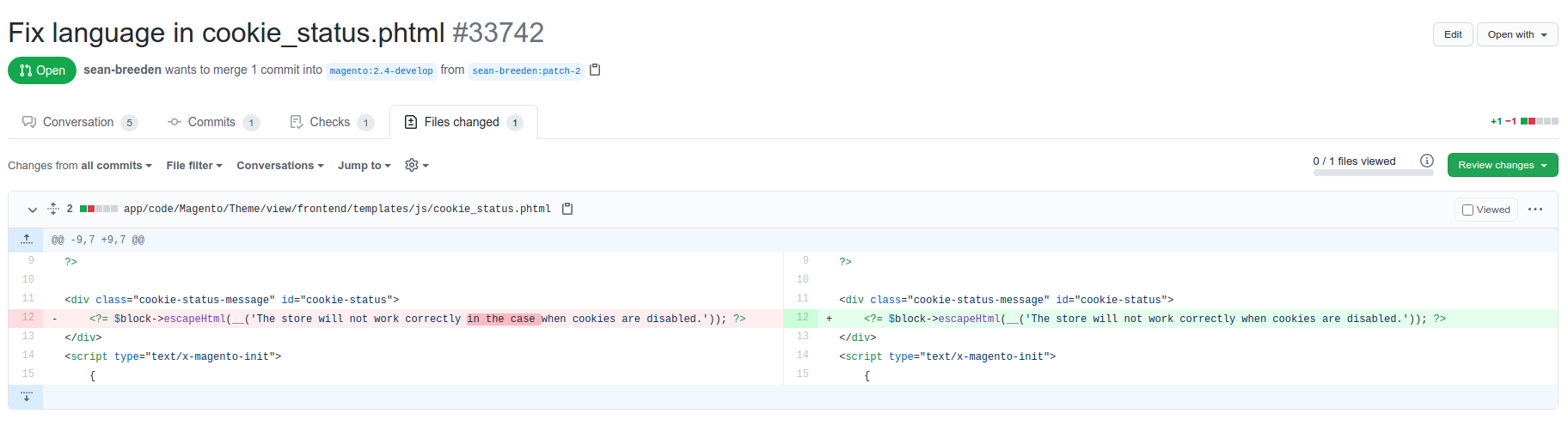Github PR showing my latest core contribution
