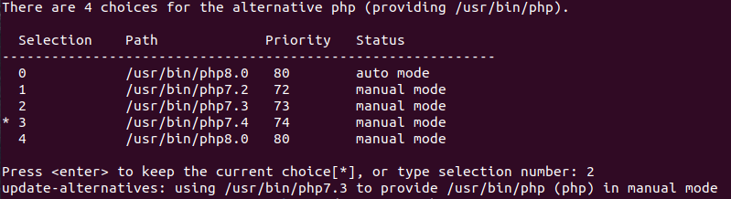Menu that appears after typing the PHP switch command